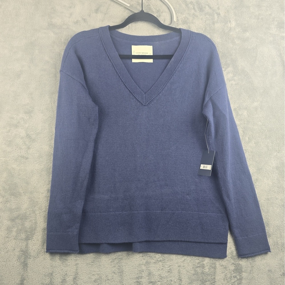 Lucky Brand V-Neck Sweater Womens XS Blue Cashmere Blend Lightweight Preppy NWT